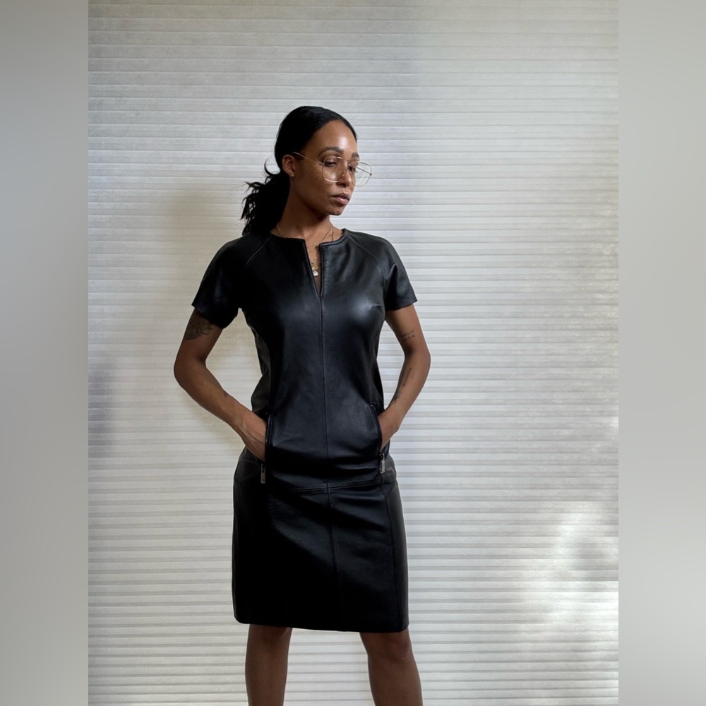 Etcetera Genuine Leather Black Sheath Dress